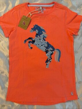 NWT 9-10y (134-140cm) Joules Coral Tee with Blue & Silver Flip Sequin Unicorn